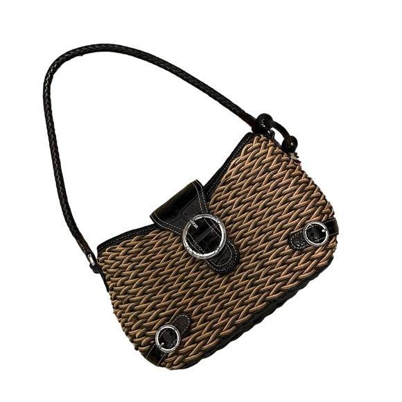Brighton Handbags - Brighton Vintage Woven Straw Tan & Black Shoulder Bag